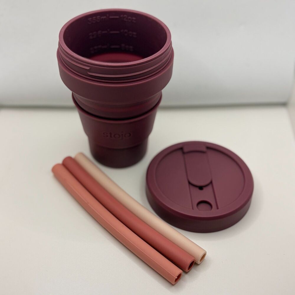 STOJO Collapsible Travel Silicone Cup with 3 Reusable Straws Dusty Rose Pink